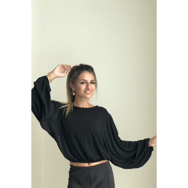 OVERSİZE KOLU LASTİKLİ OMUZU BÜZGÜLÜ BELİ LASTİKLİ BLUZ