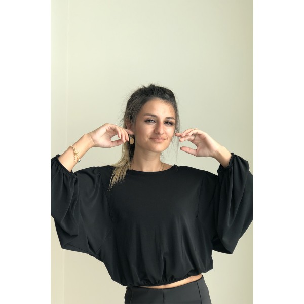 OVERSİZE KOLU LASTİKLİ OMUZU BÜZGÜLÜ BELİ LASTİKLİ BLUZ