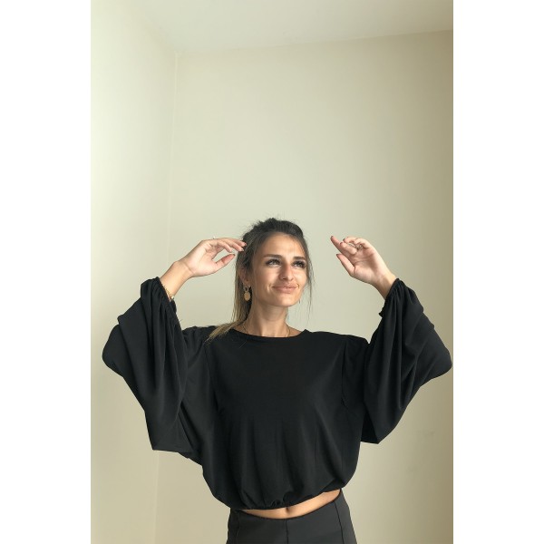 OVERSİZE KOLU LASTİKLİ OMUZU BÜZGÜLÜ BELİ LASTİKLİ BLUZ