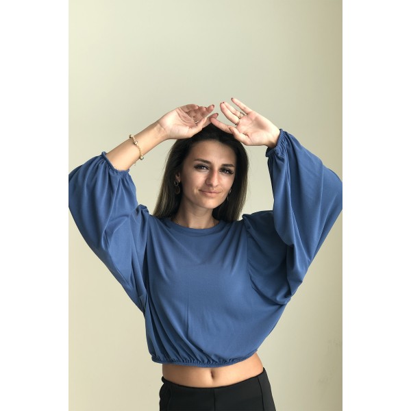 OVERSİZE KOLU LASTİKLİ OMUZU BÜZGÜLÜ BELİ LASTİKLİ BLUZ